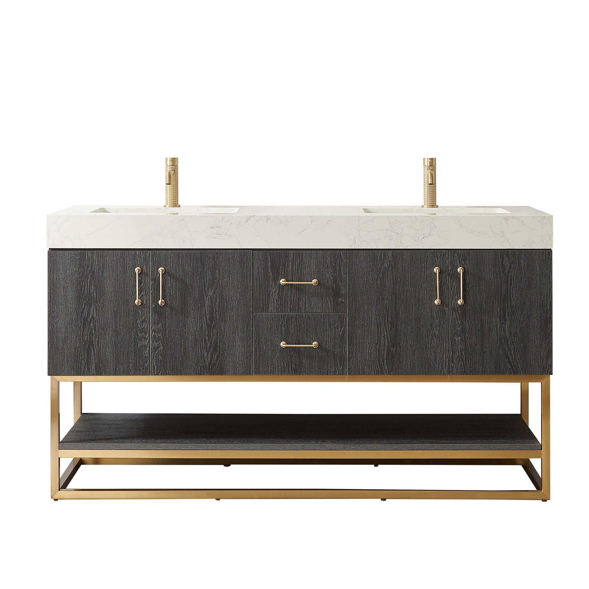 Alistair 60" Double Vanity in North American Black Oak with White Grain Stone Top