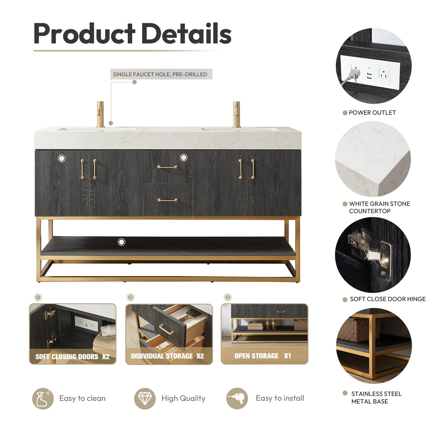 Alistair 60" Double Vanity in North American Black Oak with White Grain Stone Top