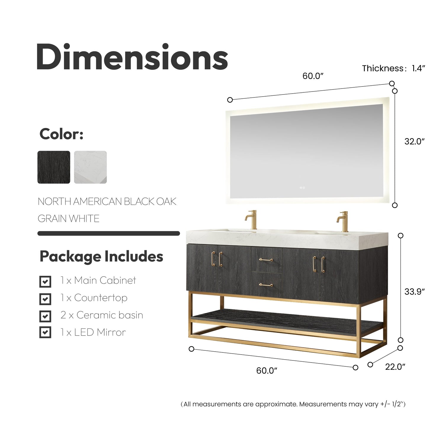 Alistair 60" Double Vanity in North American Black Oak with White Grain Stone Top