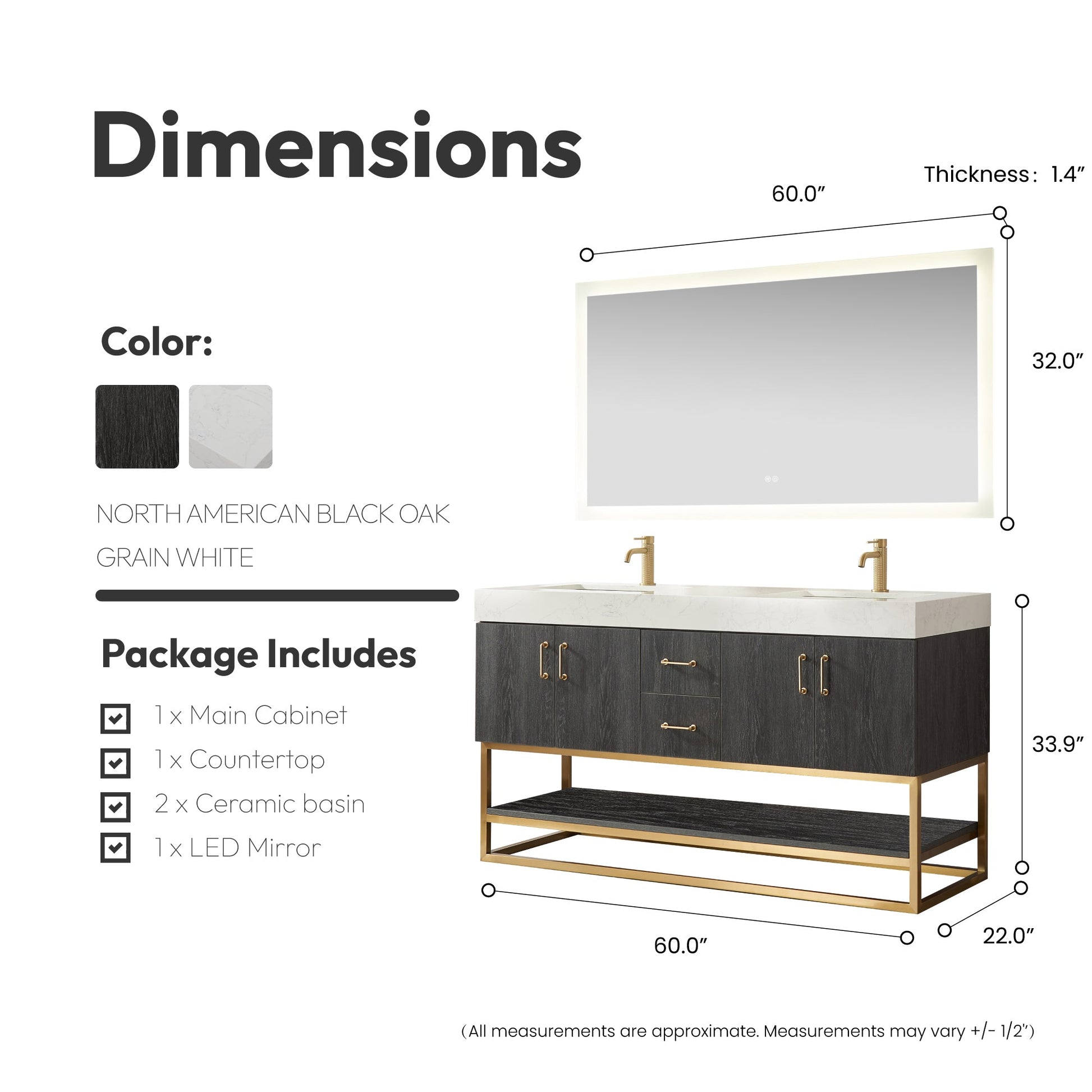 Alistair 60" Double Vanity in North American Black Oak with White Grain Stone Top