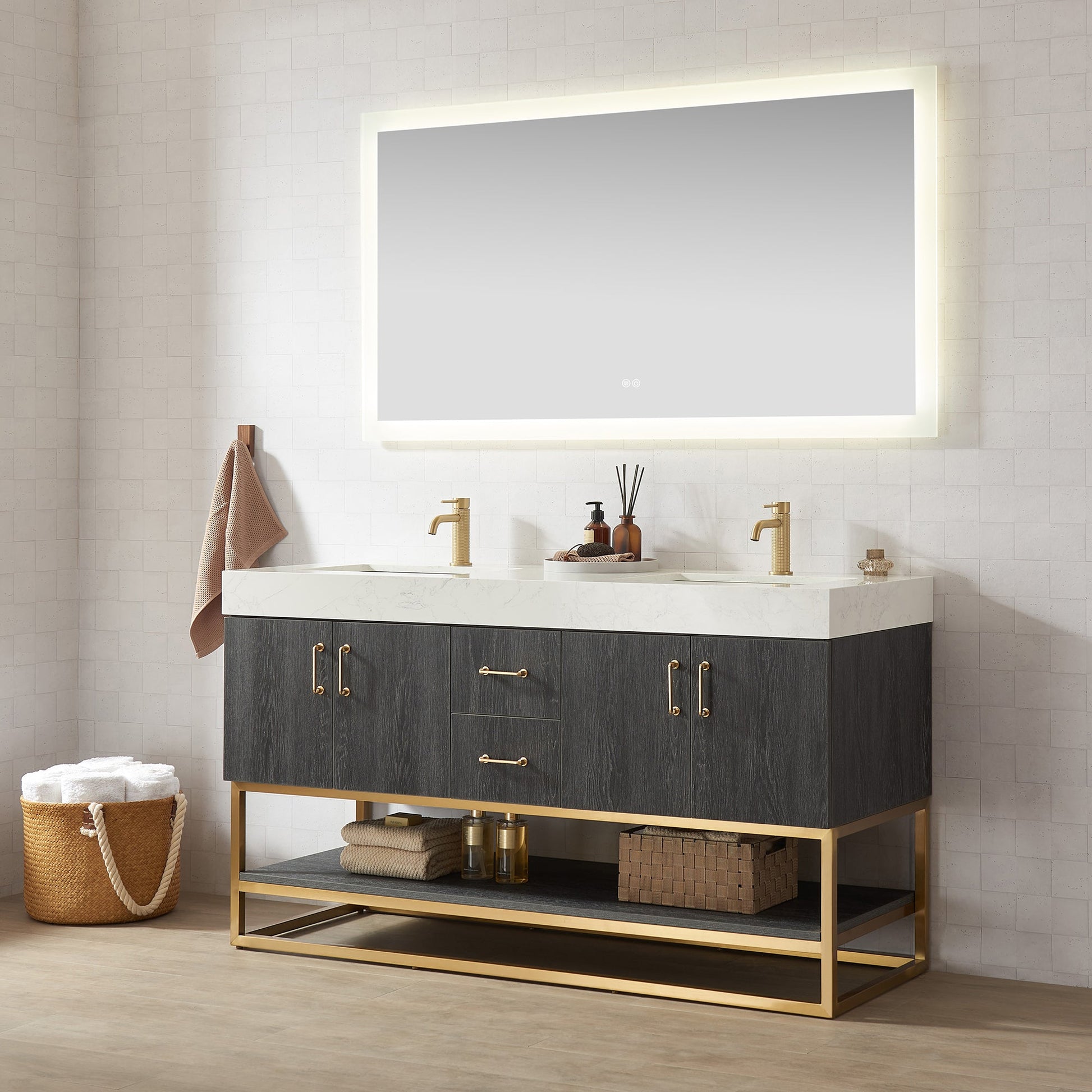 Alistair 60" Double Vanity in North American Black Oak with White Grain Stone Top