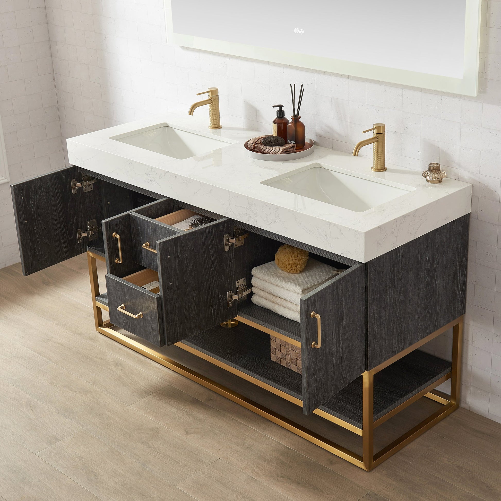 Alistair 60" Double Vanity in North American Black Oak with White Grain Stone Top