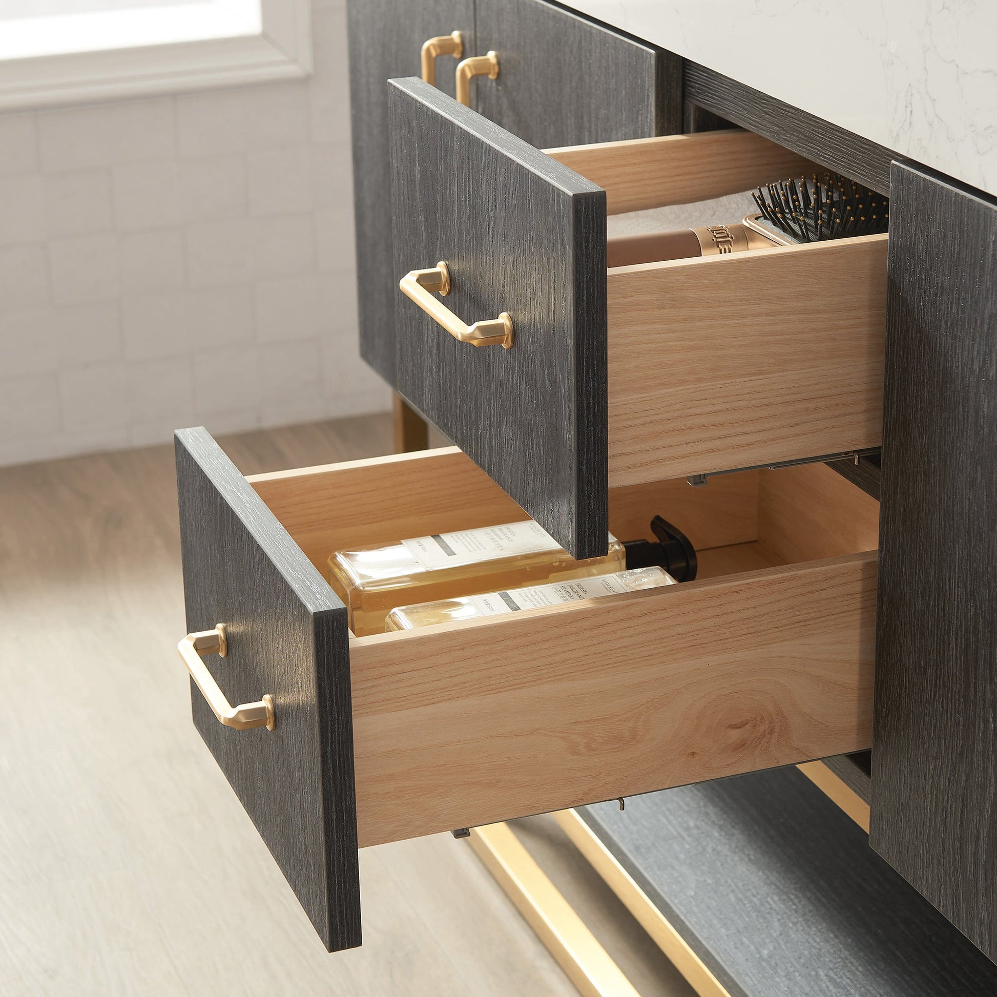 Alistair 60" Double Vanity in North American Black Oak with White Grain Stone Top