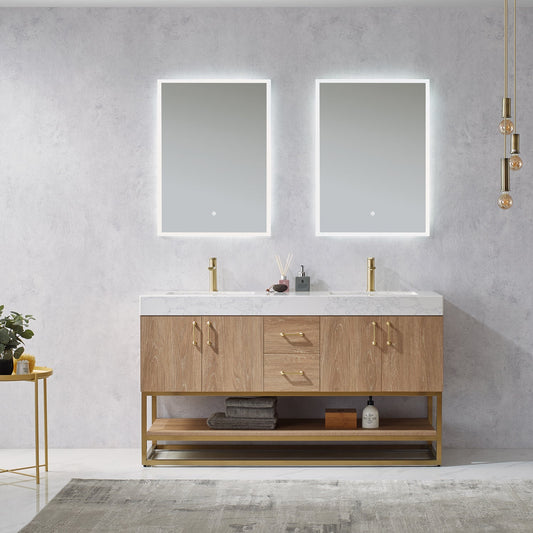 Alistair 60" Double Vanity in North American Oak with White Grain Stone Countertop