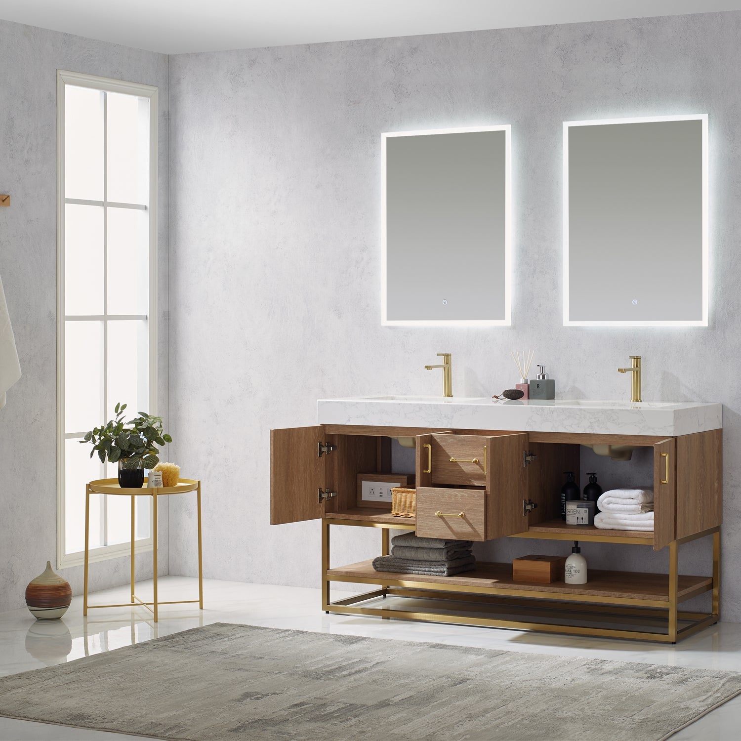 Alistair 60" Double Vanity in North American Oak with White Grain Stone Countertop