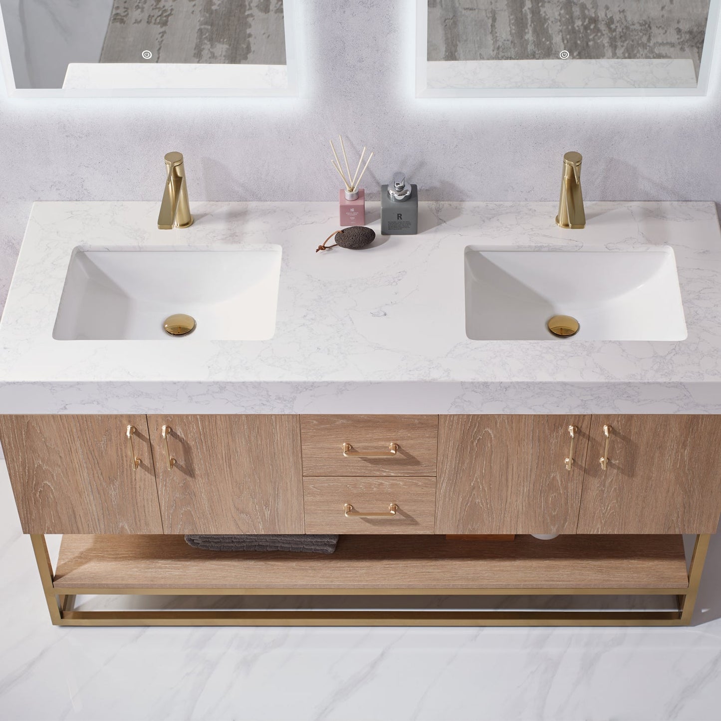 Alistair 60" Double Vanity in North American Oak with White Grain Stone Countertop