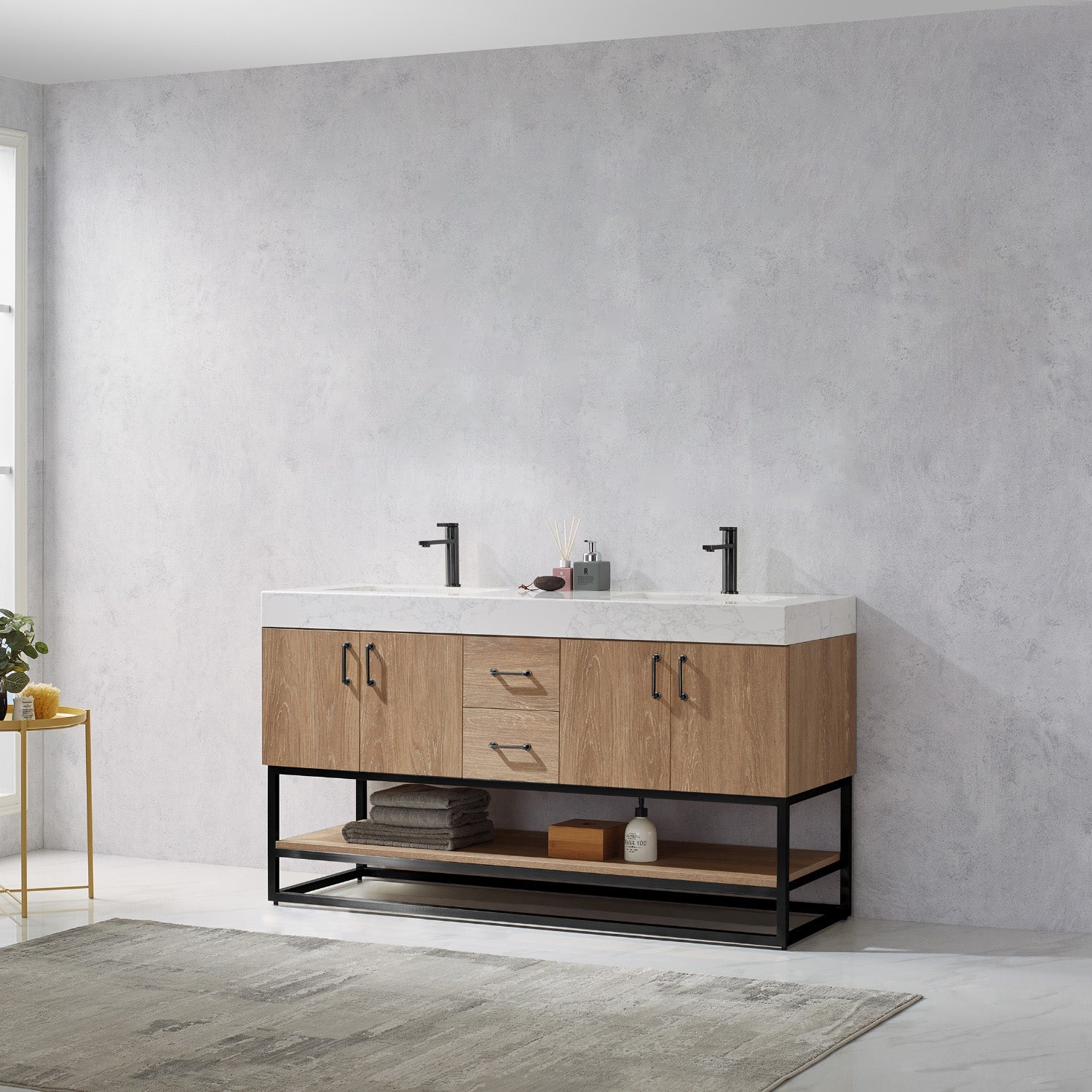 Alistair 60B" Double Vanity in North American Oak with White Grain Stone Countertop