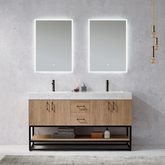 Alistair 60B" Double Vanity in North American Oak with White Grain Stone Countertop