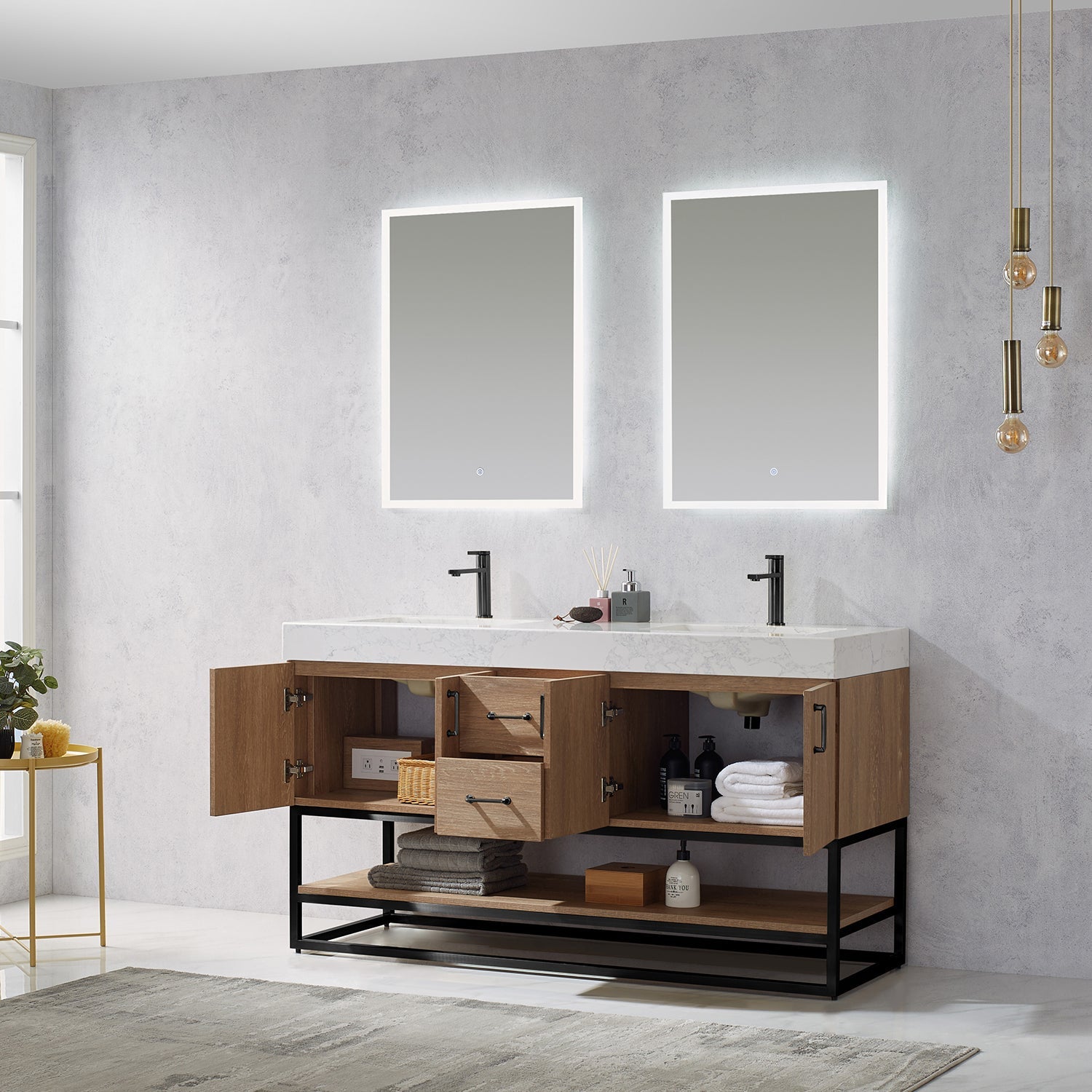 Alistair 60B" Double Vanity in North American Oak with White Grain Stone Countertop