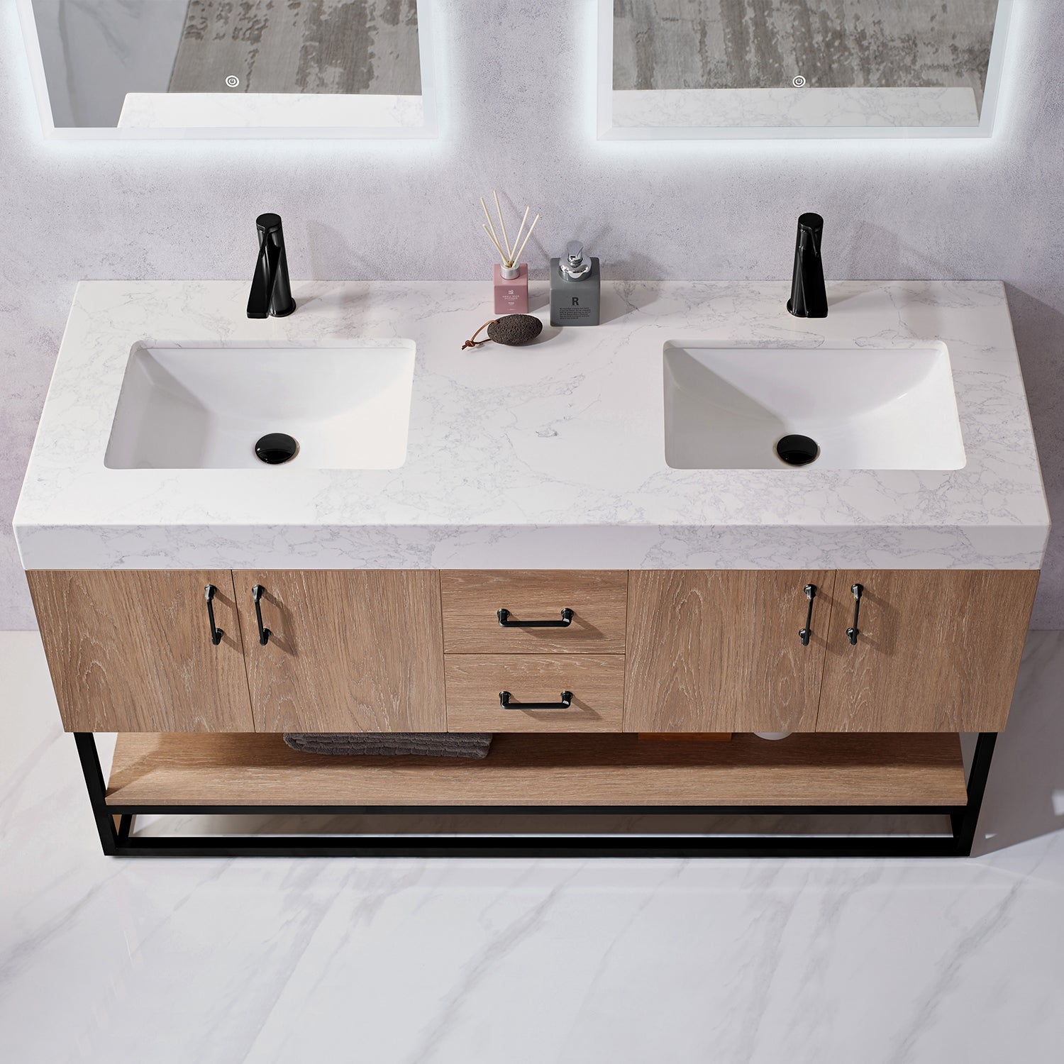 Alistair 60B" Double Vanity in North American Oak with White Grain Stone Countertop