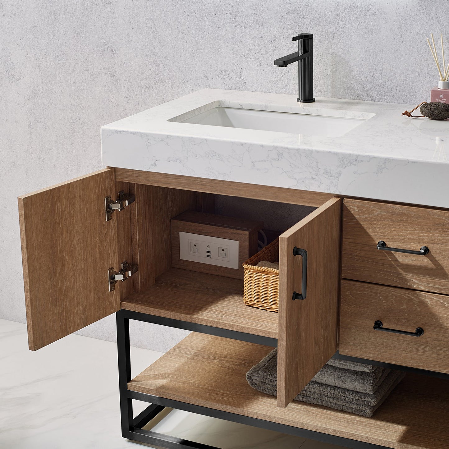 Alistair 60B" Double Vanity in North American Oak with White Grain Stone Countertop