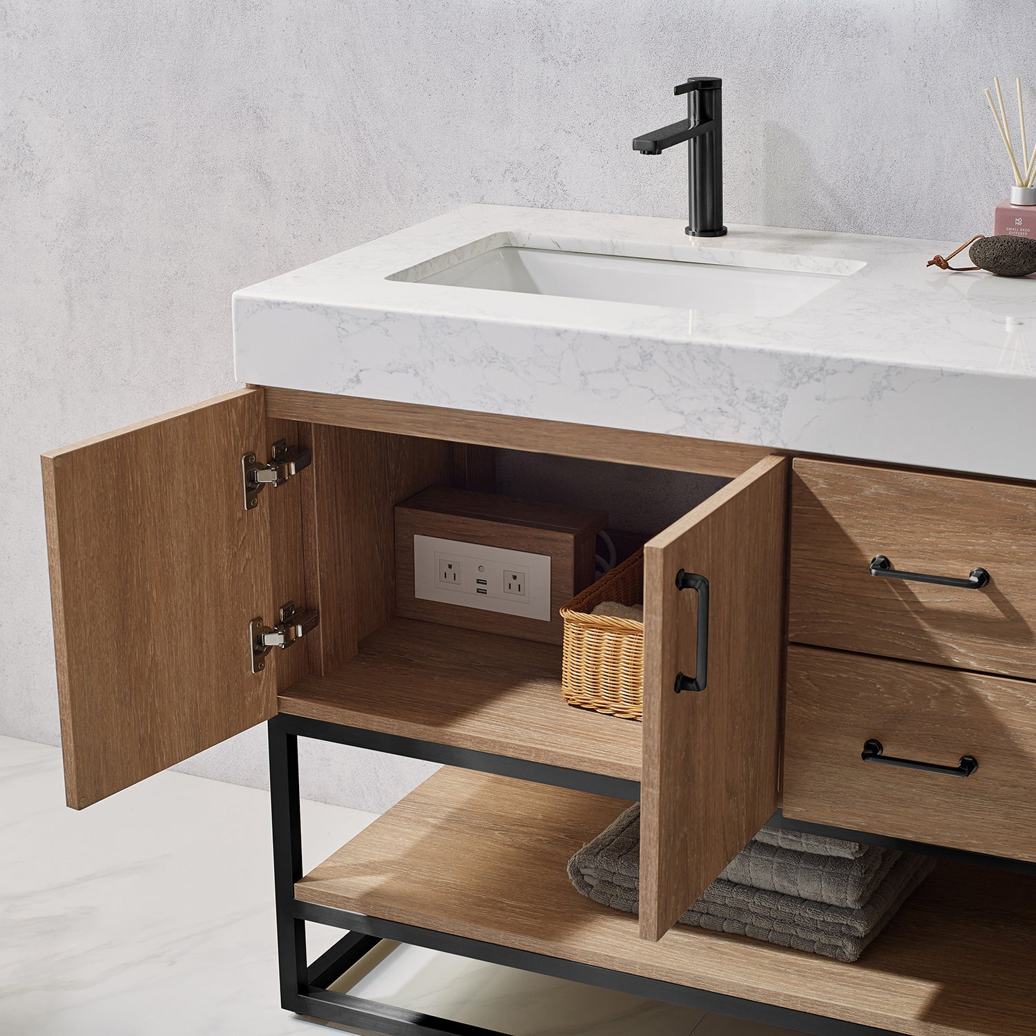 Alistair 60B" Double Vanity in North American Oak with White Grain Stone Countertop