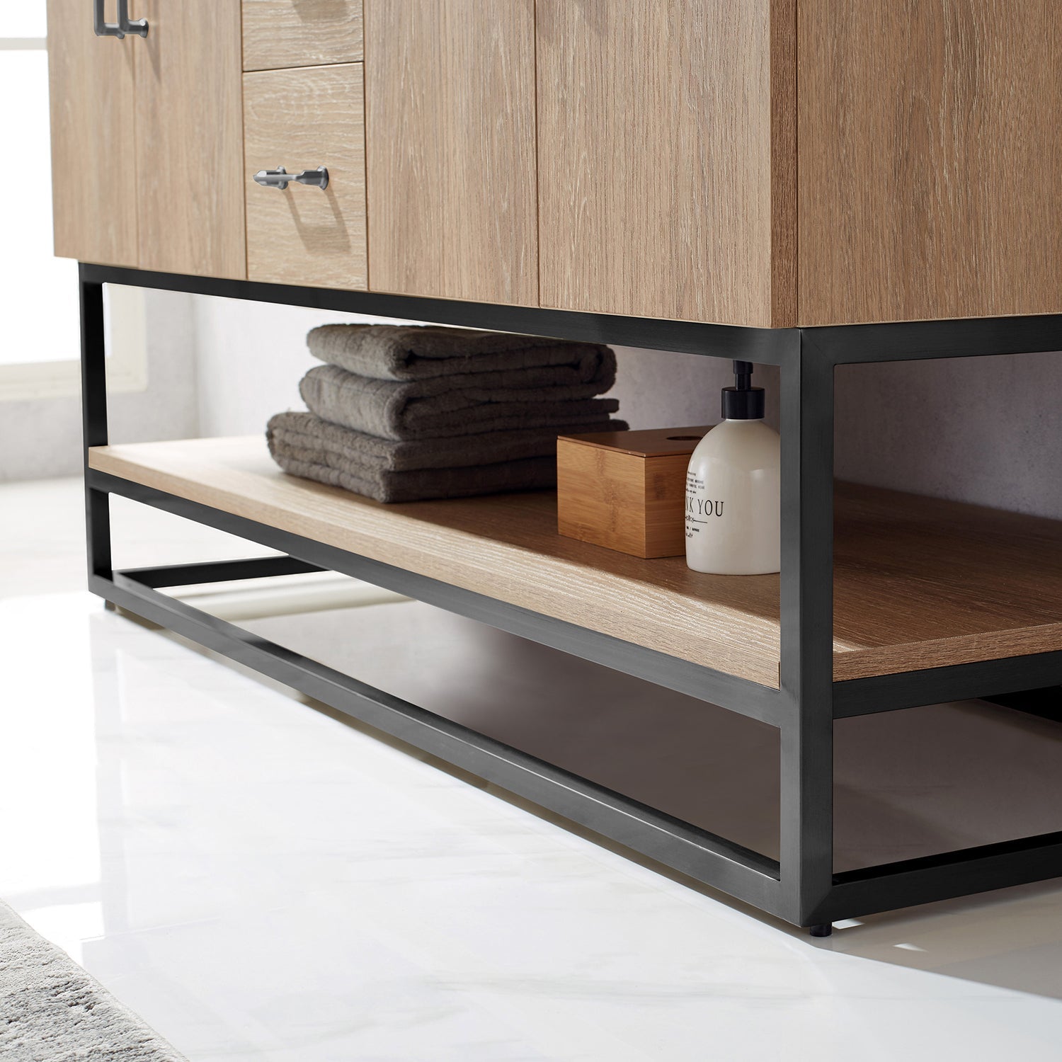 Alistair 60B" Double Vanity in North American Oak with White Grain Stone Countertop