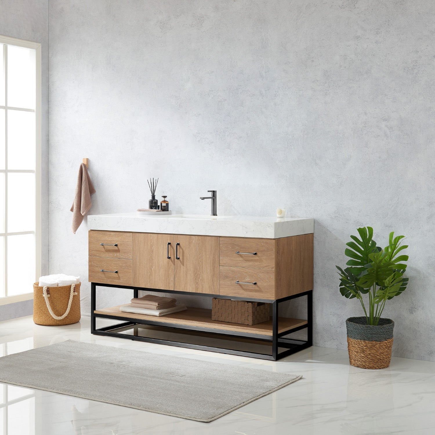 Alistair 60BS" Single Vanity in North American Oak with White Grain Stone Countertop
