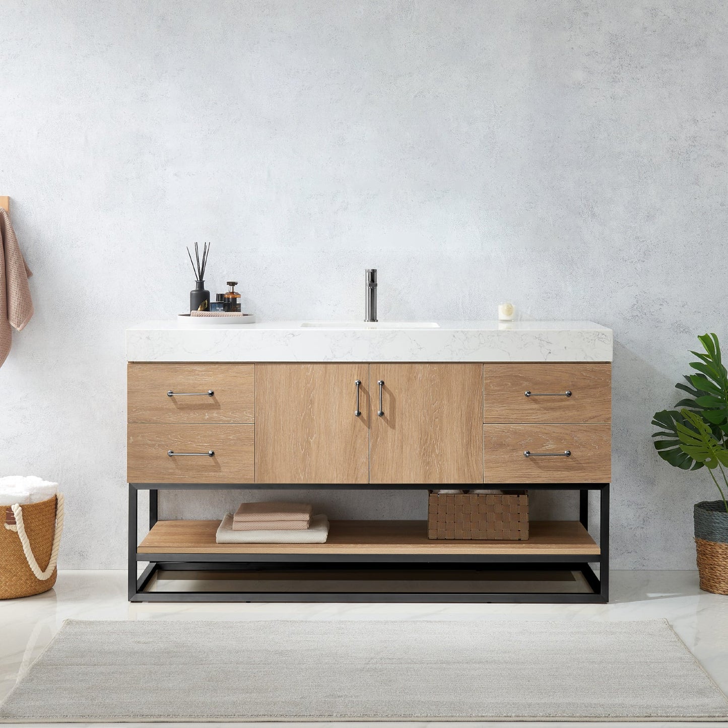 Alistair 60BS" Single Vanity in North American Oak with White Grain Stone Countertop