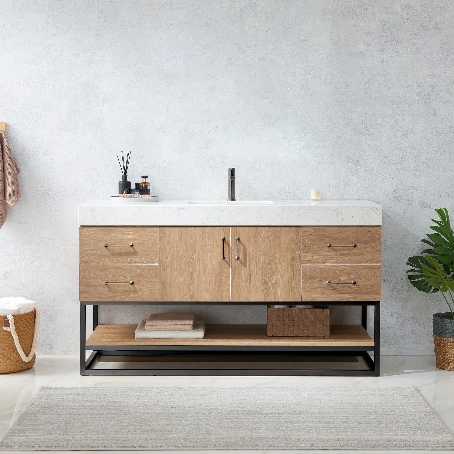 Alistair 60BS" Single Vanity in North American Oak with White Grain Stone Countertop