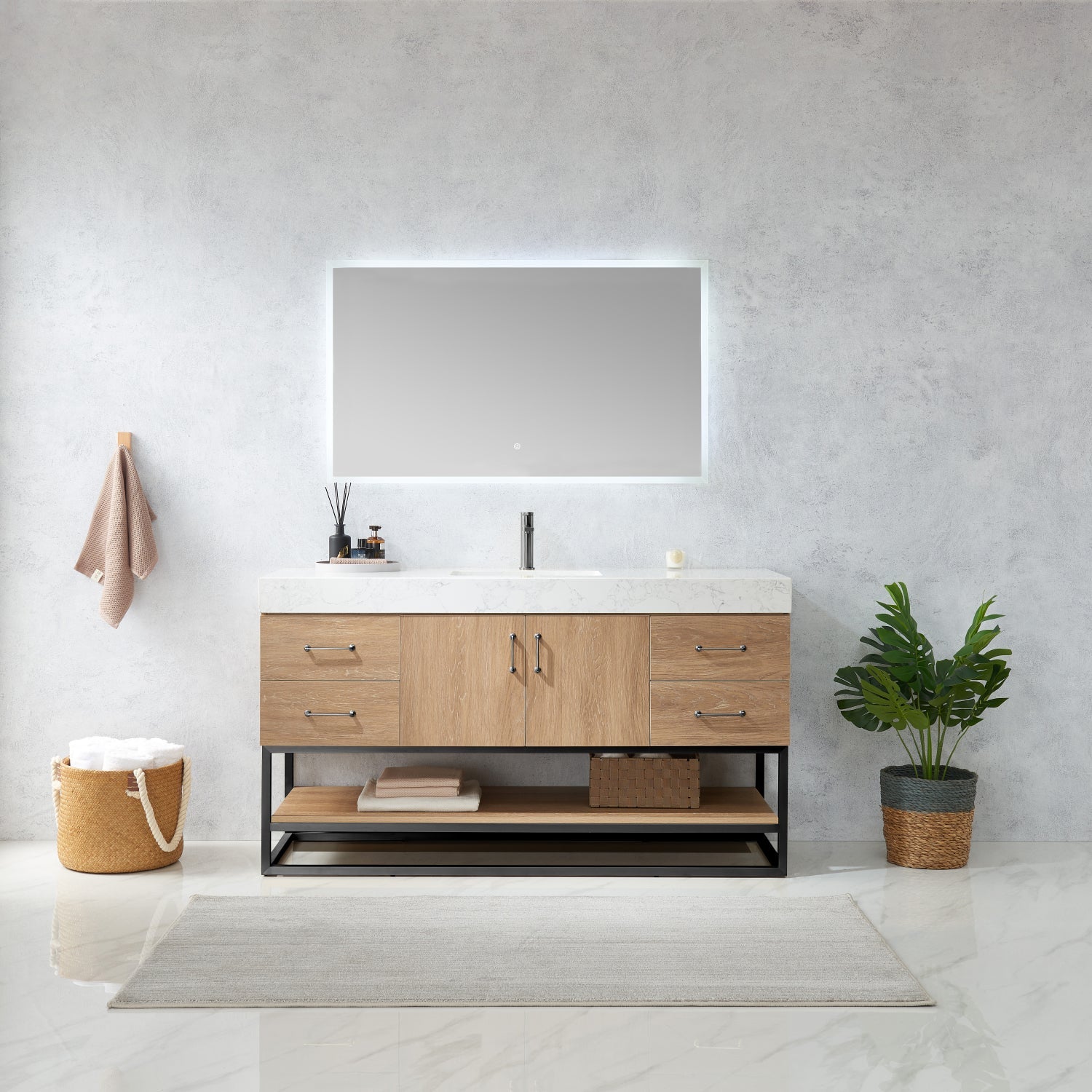Alistair 60BS" Single Vanity in North American Oak with White Grain Stone Countertop