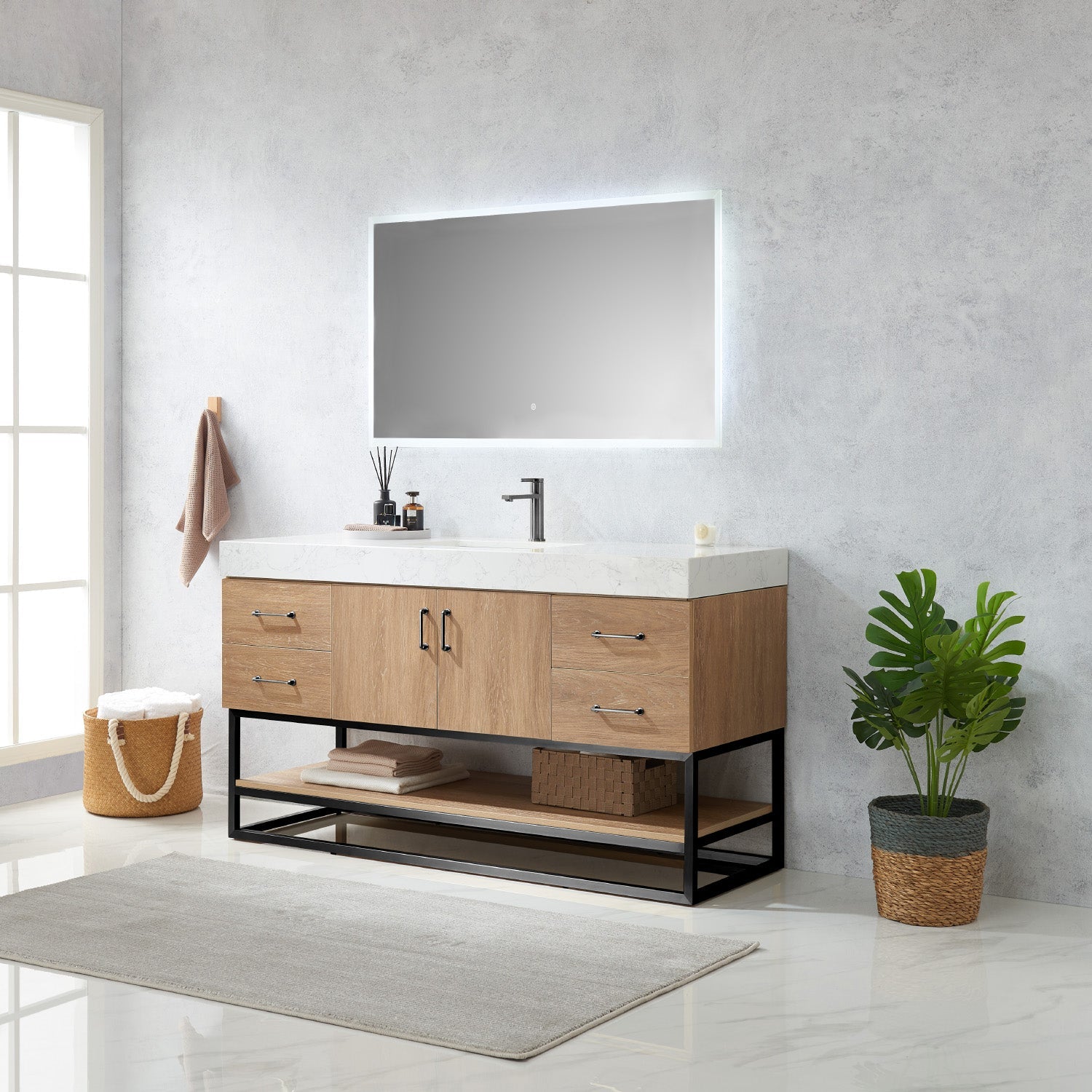 Alistair 60BS" Single Vanity in North American Oak with White Grain Stone Countertop