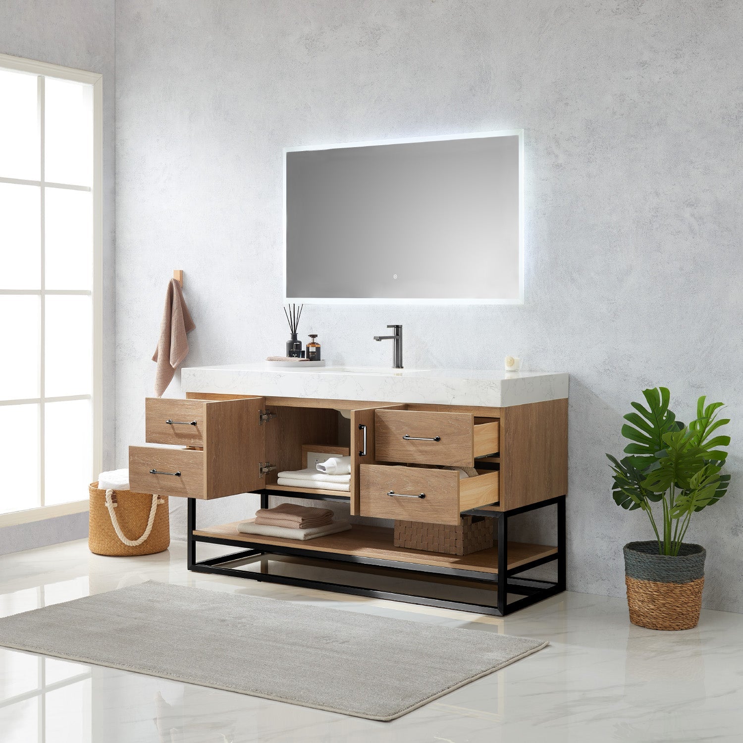 Alistair 60BS" Single Vanity in North American Oak with White Grain Stone Countertop