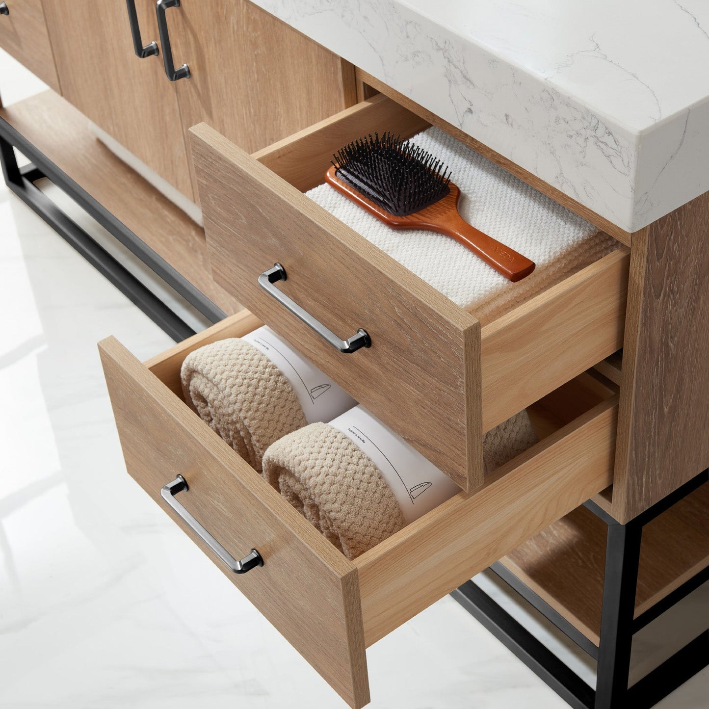 Alistair 60BS" Single Vanity in North American Oak with White Grain Stone Countertop