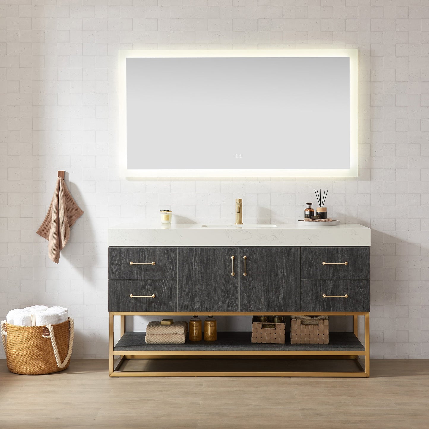 Alistair 60" Single Vanity in North American Black Oak with White Grain Stone Top