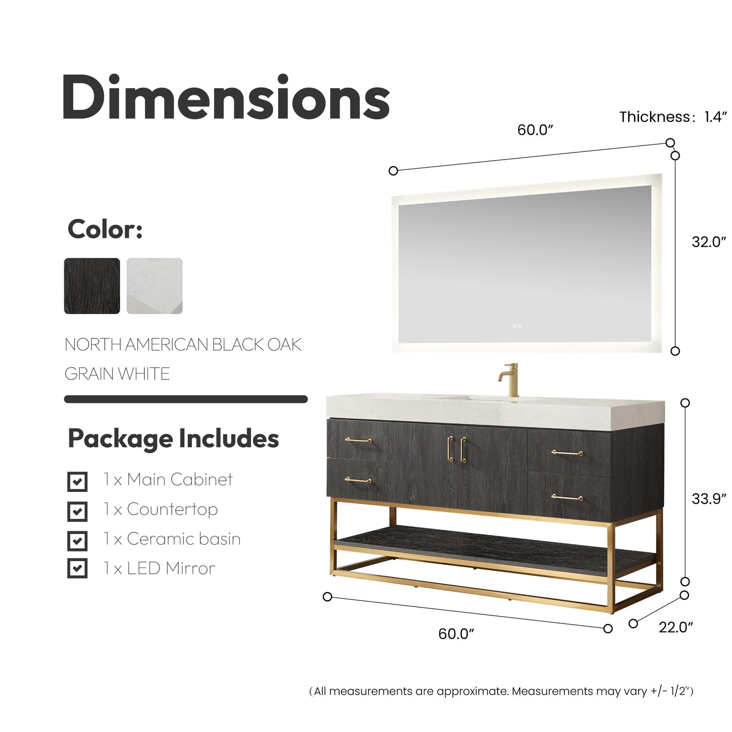 Alistair 60" Single Vanity in North American Black Oak with White Grain Stone Top