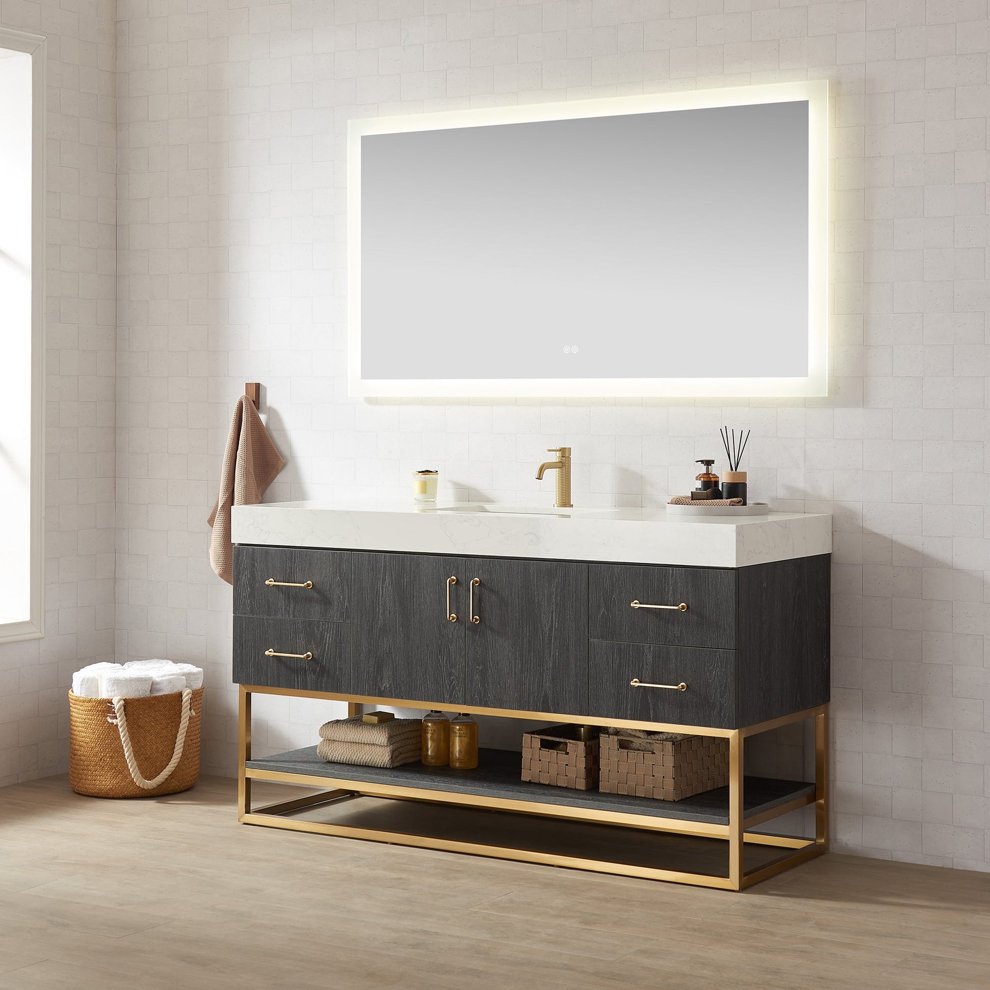 Alistair 60" Single Vanity in North American Black Oak with White Grain Stone Top