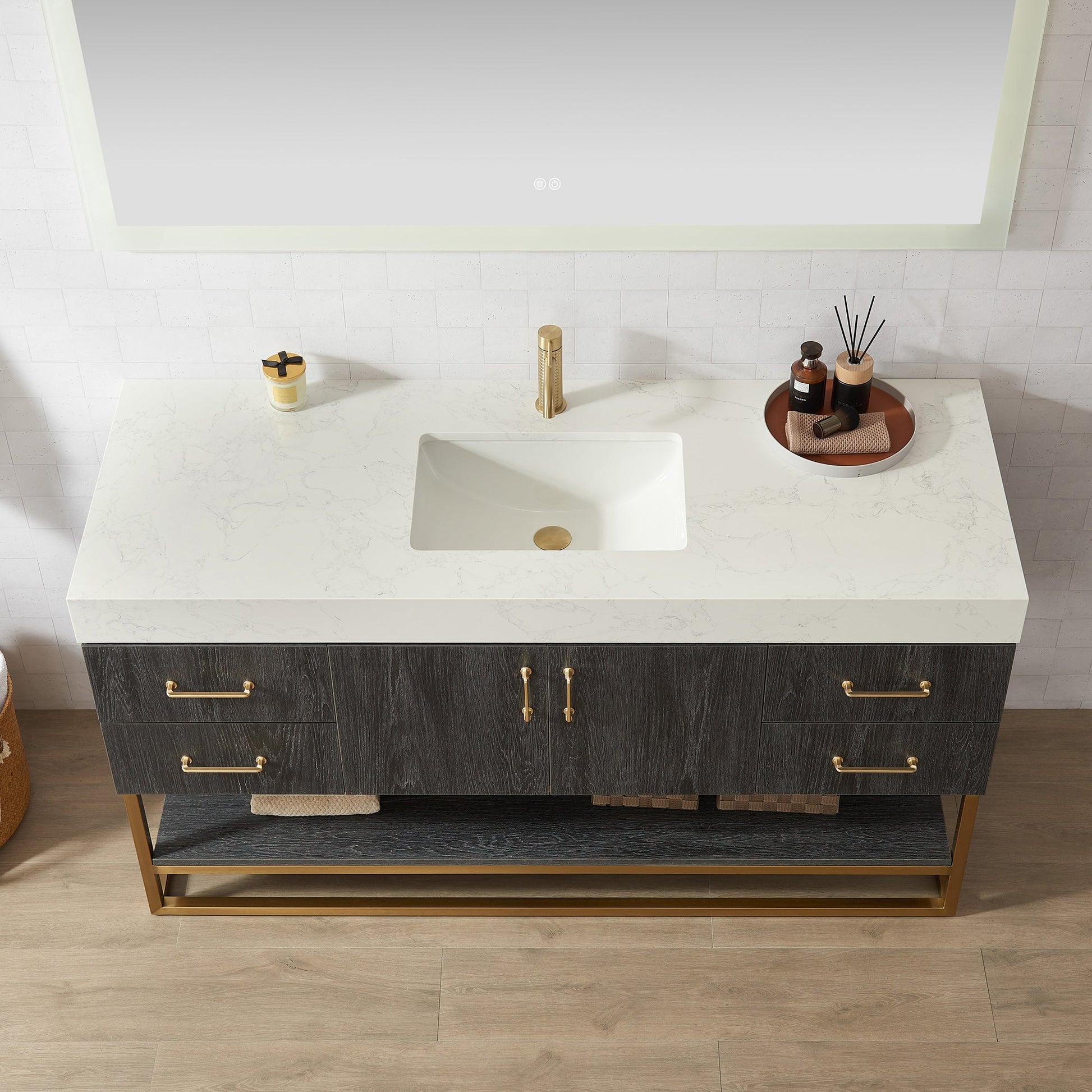 Alistair 60" Single Vanity in North American Black Oak with White Grain Stone Top