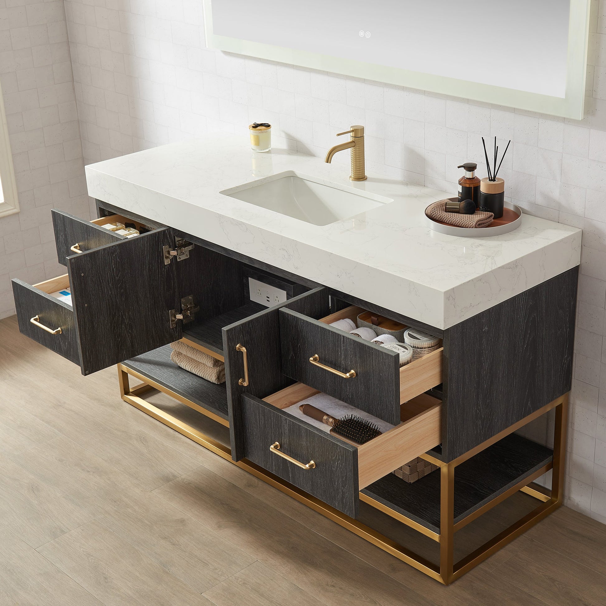 Alistair 60" Single Vanity in North American Black Oak with White Grain Stone Top