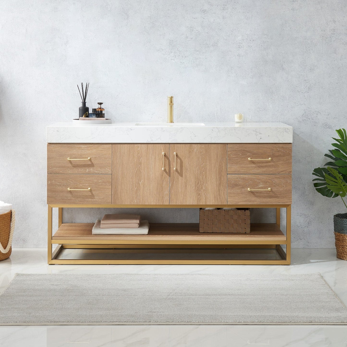 Alistair 60S" Single Vanity in North American Oak with White Grain Stone Countertop