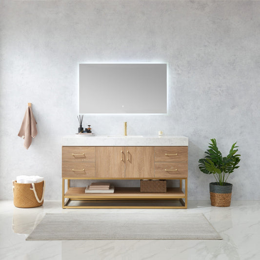 Alistair 60S" Single Vanity in North American Oak with White Grain Stone Countertop