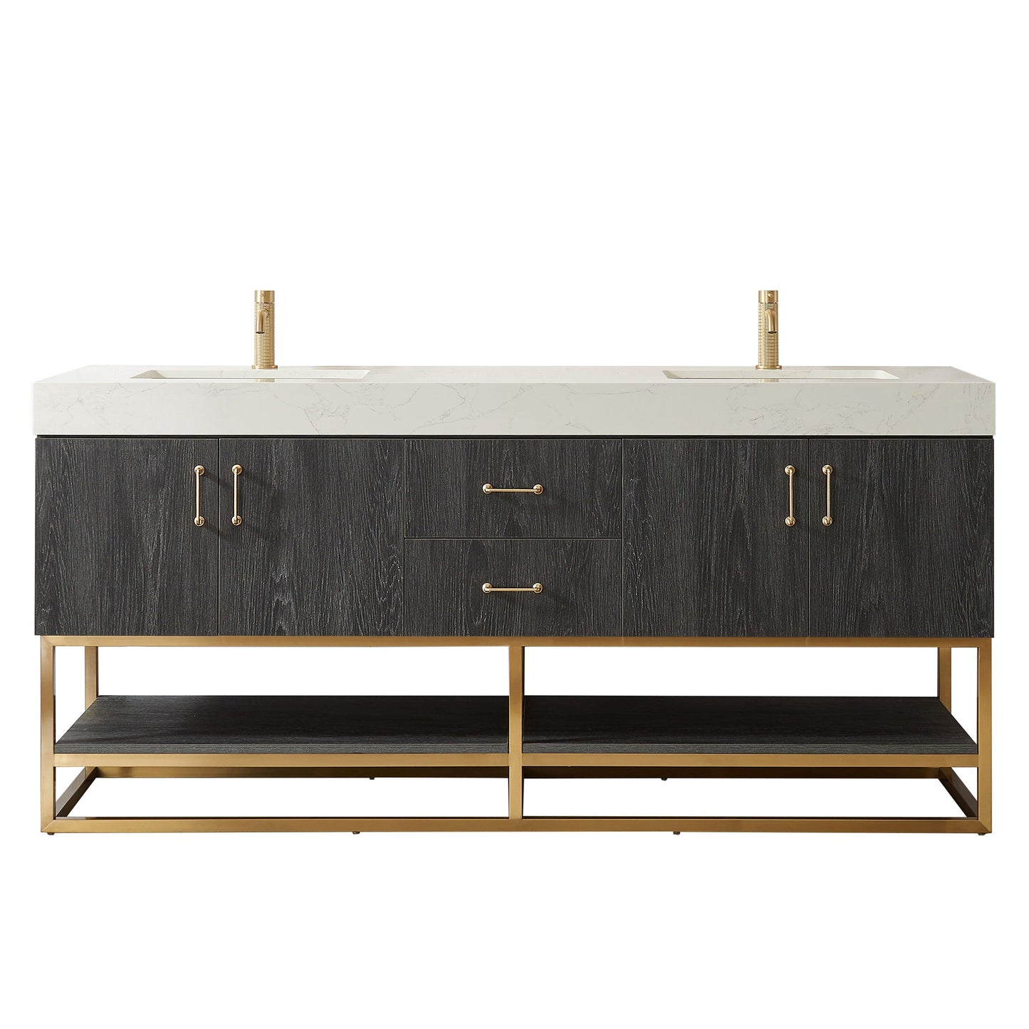 Alistair 72" Double Vanity in North American Black Oak with White Grain Stone Top