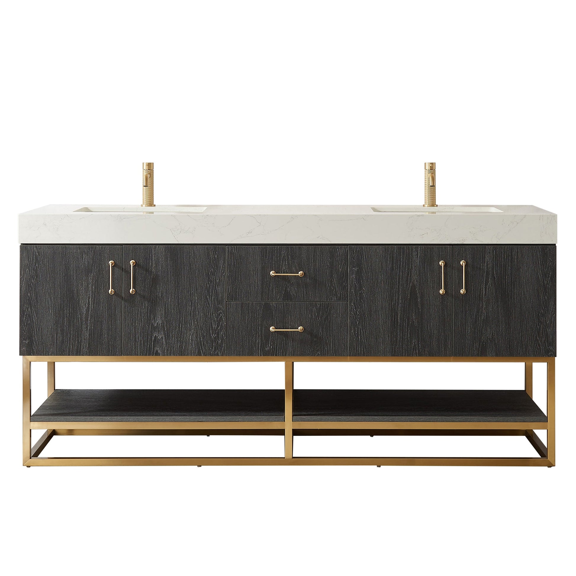 Alistair 72" Double Vanity in North American Black Oak with White Grain Stone Top