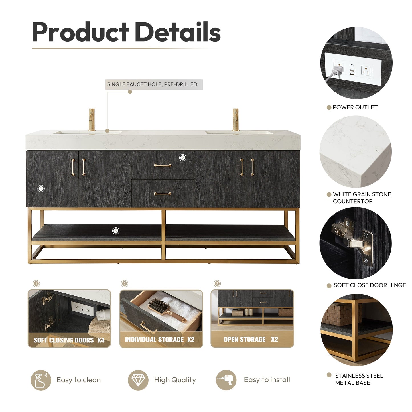 Alistair 72" Double Vanity in North American Black Oak with White Grain Stone Top
