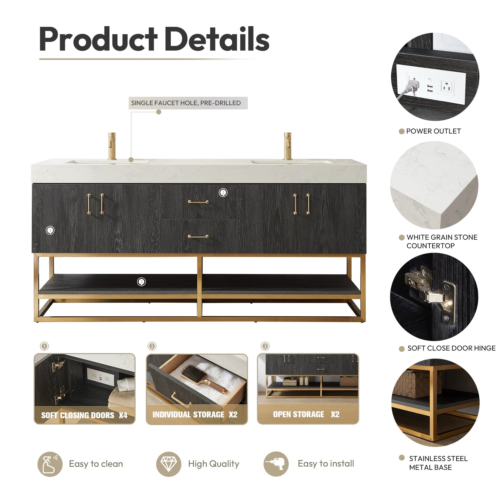 Alistair 72" Double Vanity in North American Black Oak with White Grain Stone Top