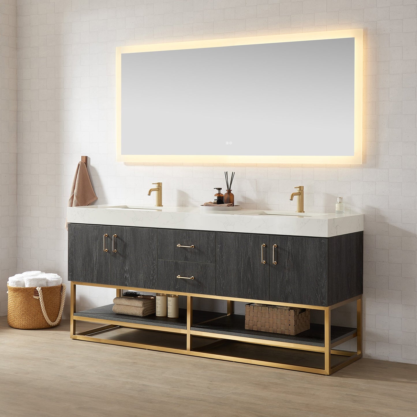 Alistair 72" Double Vanity in North American Black Oak with White Grain Stone Top