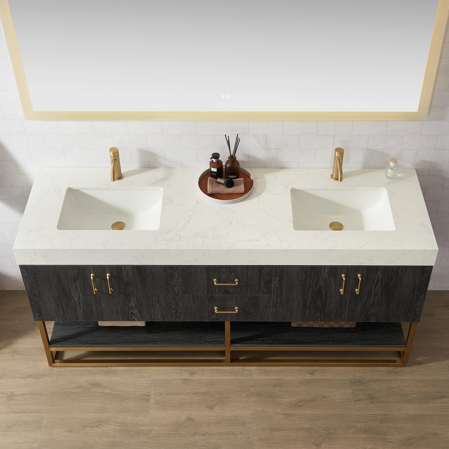 Alistair 72" Double Vanity in North American Black Oak with White Grain Stone Top