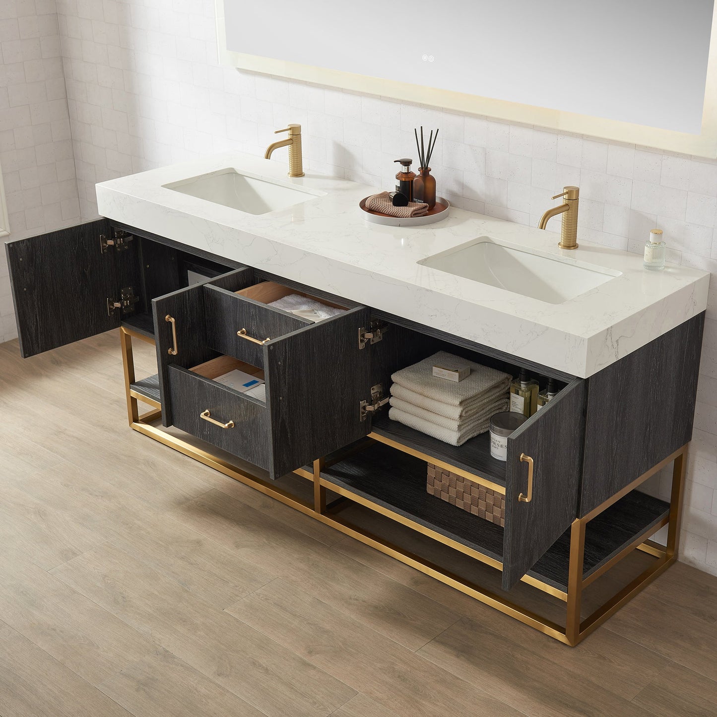 Alistair 72" Double Vanity in North American Black Oak with White Grain Stone Top