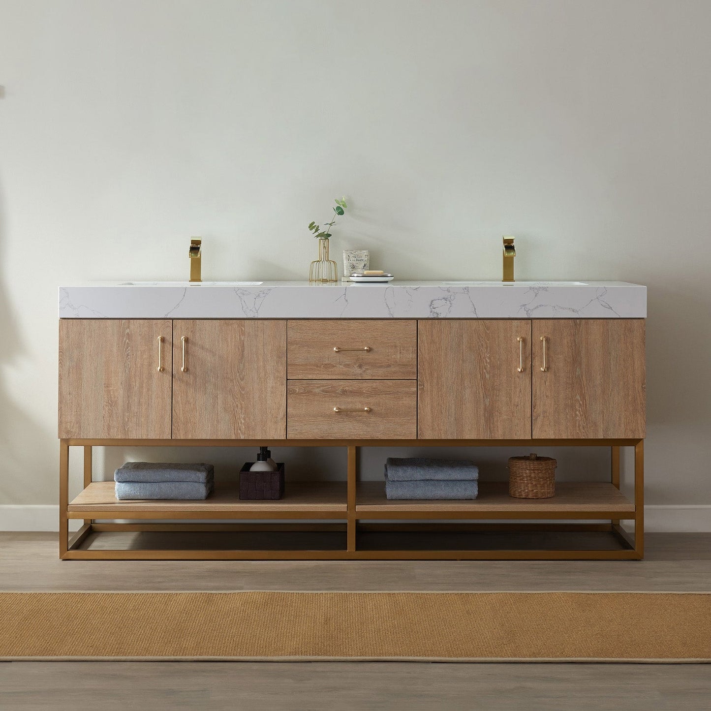 Alistair 72" Double Vanity in North American Oak with White Grain Stone Countertop