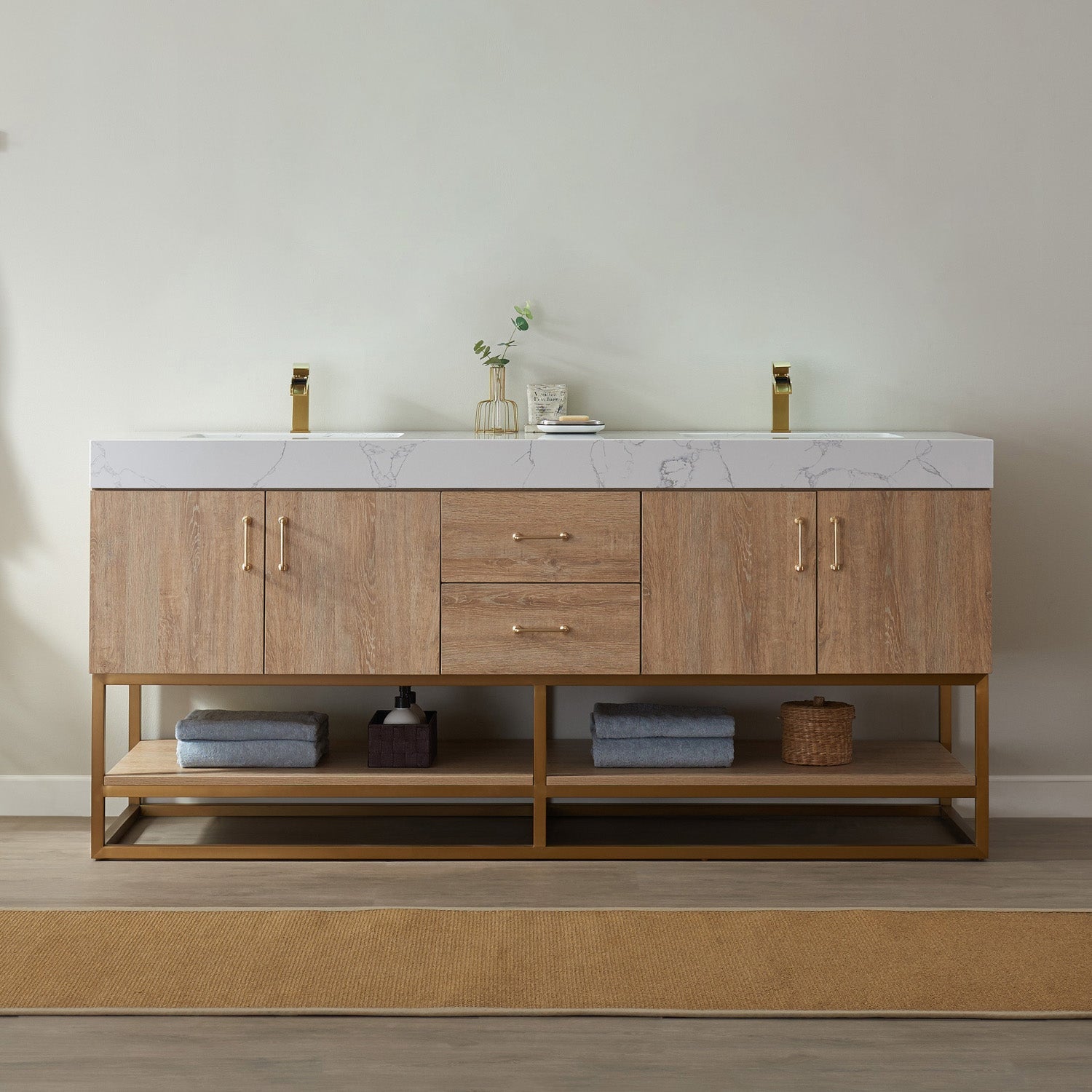 Alistair 72" Double Vanity in North American Oak with White Grain Stone Countertop