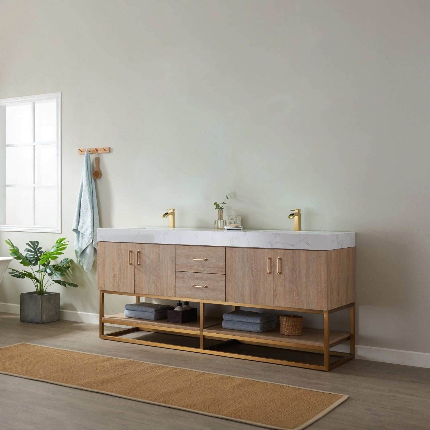 Alistair 72" Double Vanity in North American Oak with White Grain Stone Countertop
