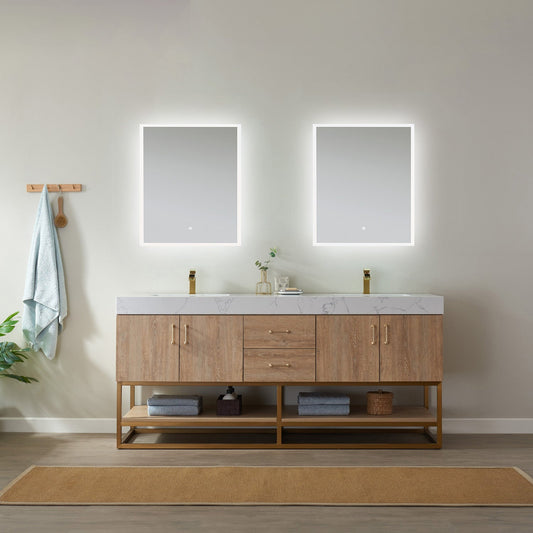 Alistair 72" Double Vanity in North American Oak with White Grain Stone Countertop