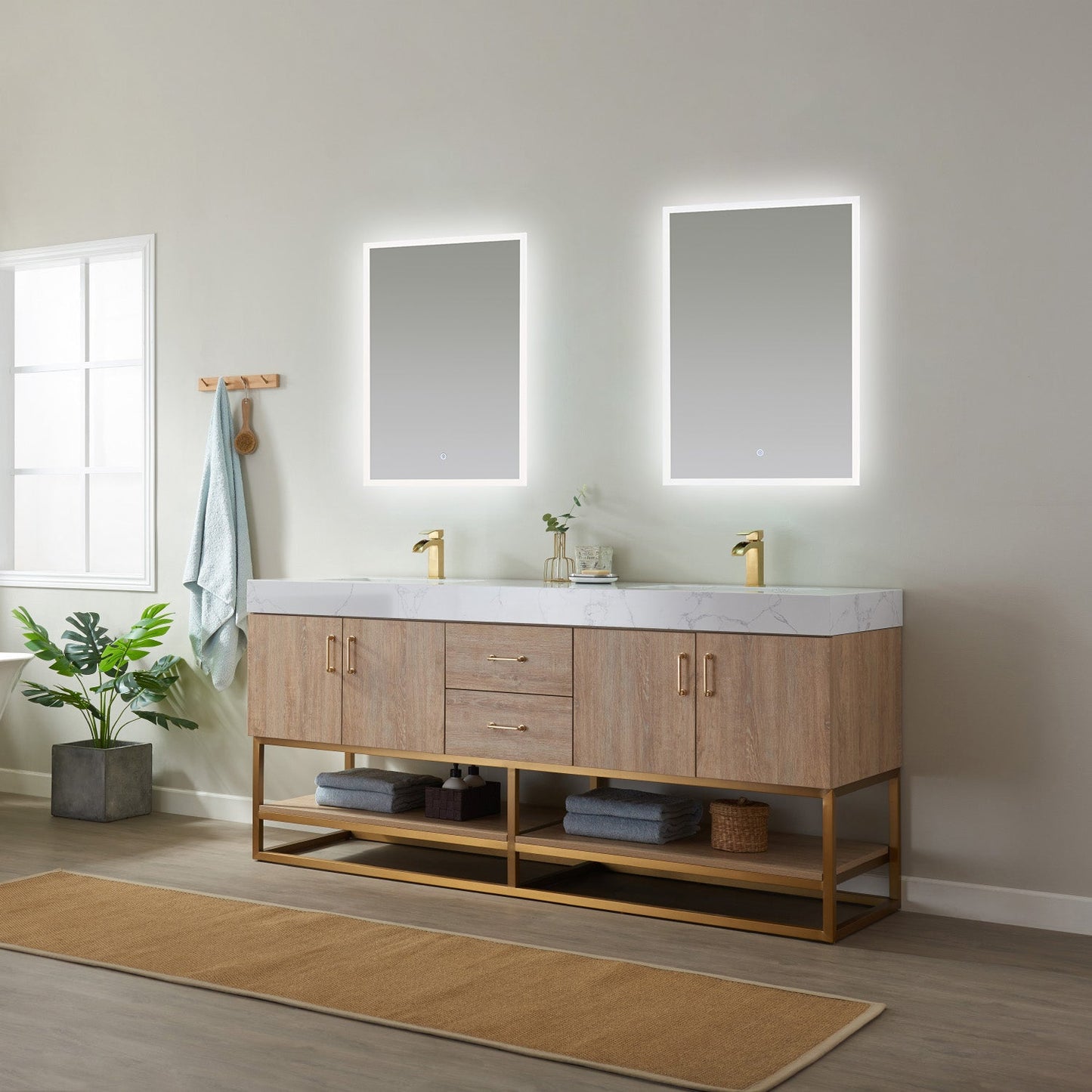 Alistair 72" Double Vanity in North American Oak with White Grain Stone Countertop