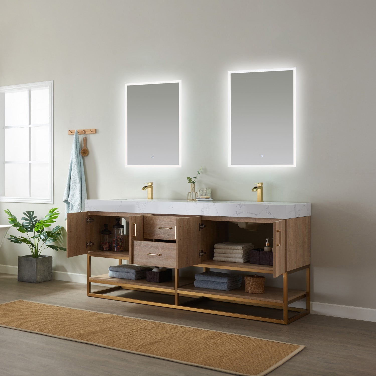 Alistair 72" Double Vanity in North American Oak with White Grain Stone Countertop