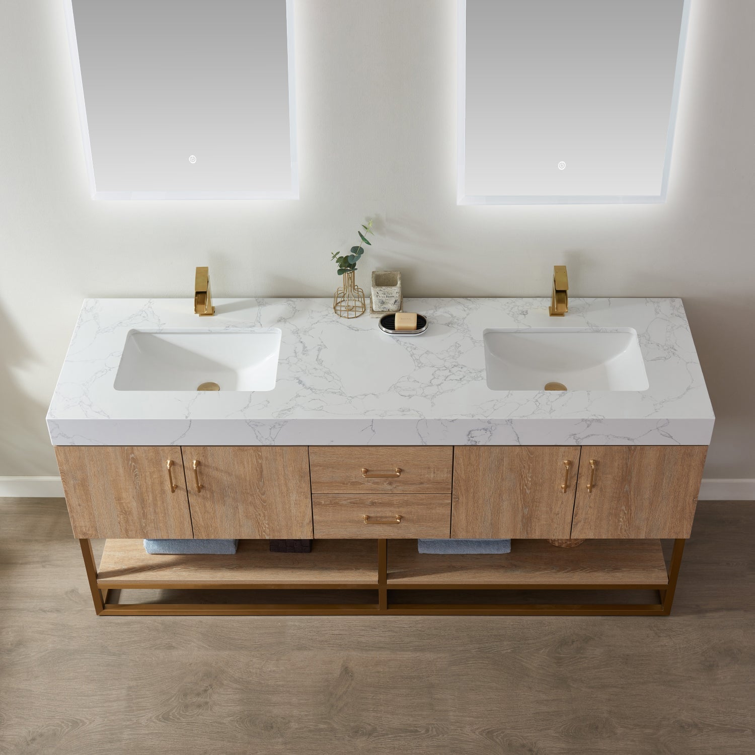 Alistair 72" Double Vanity in North American Oak with White Grain Stone Countertop