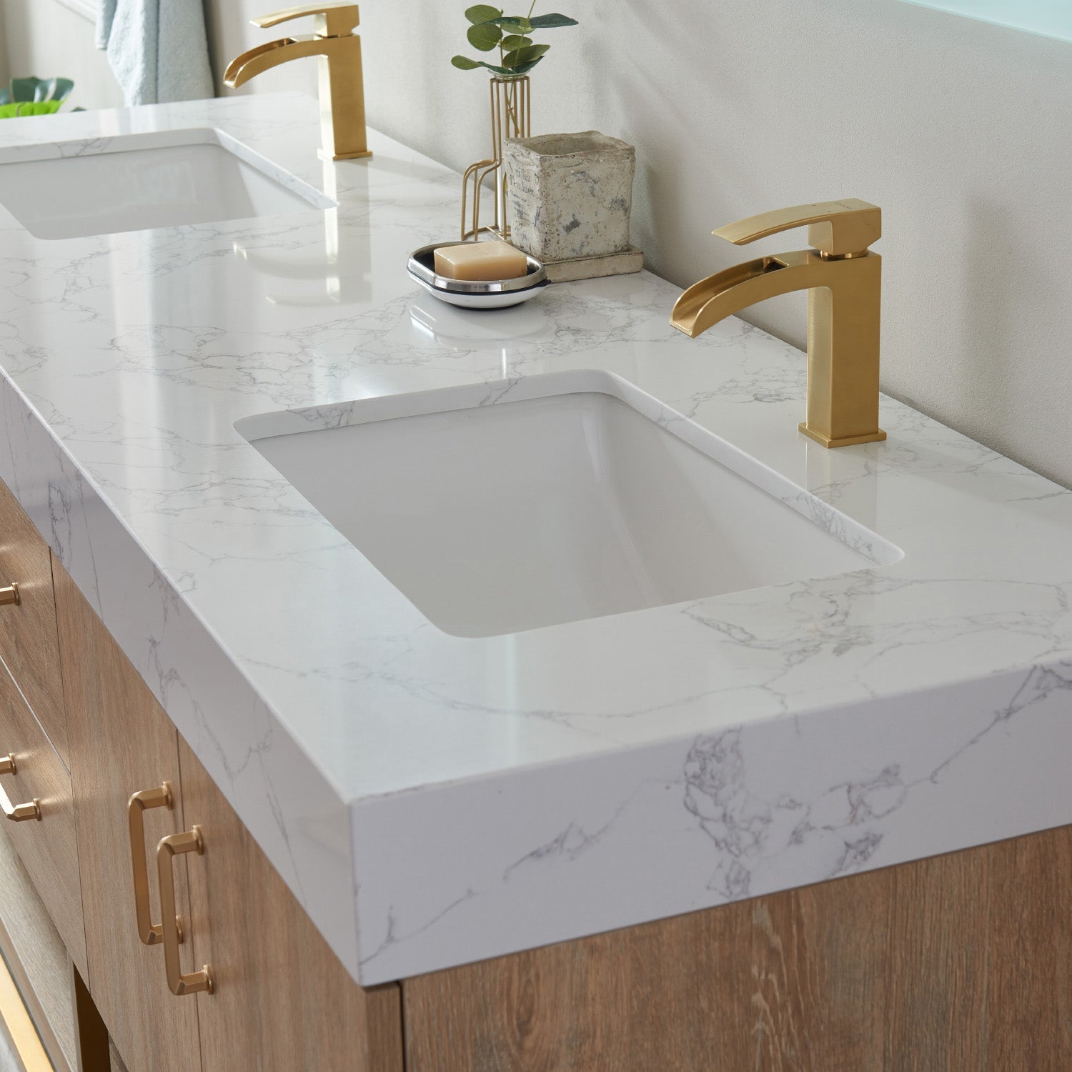 Alistair 72" Double Vanity in North American Oak with White Grain Stone Countertop