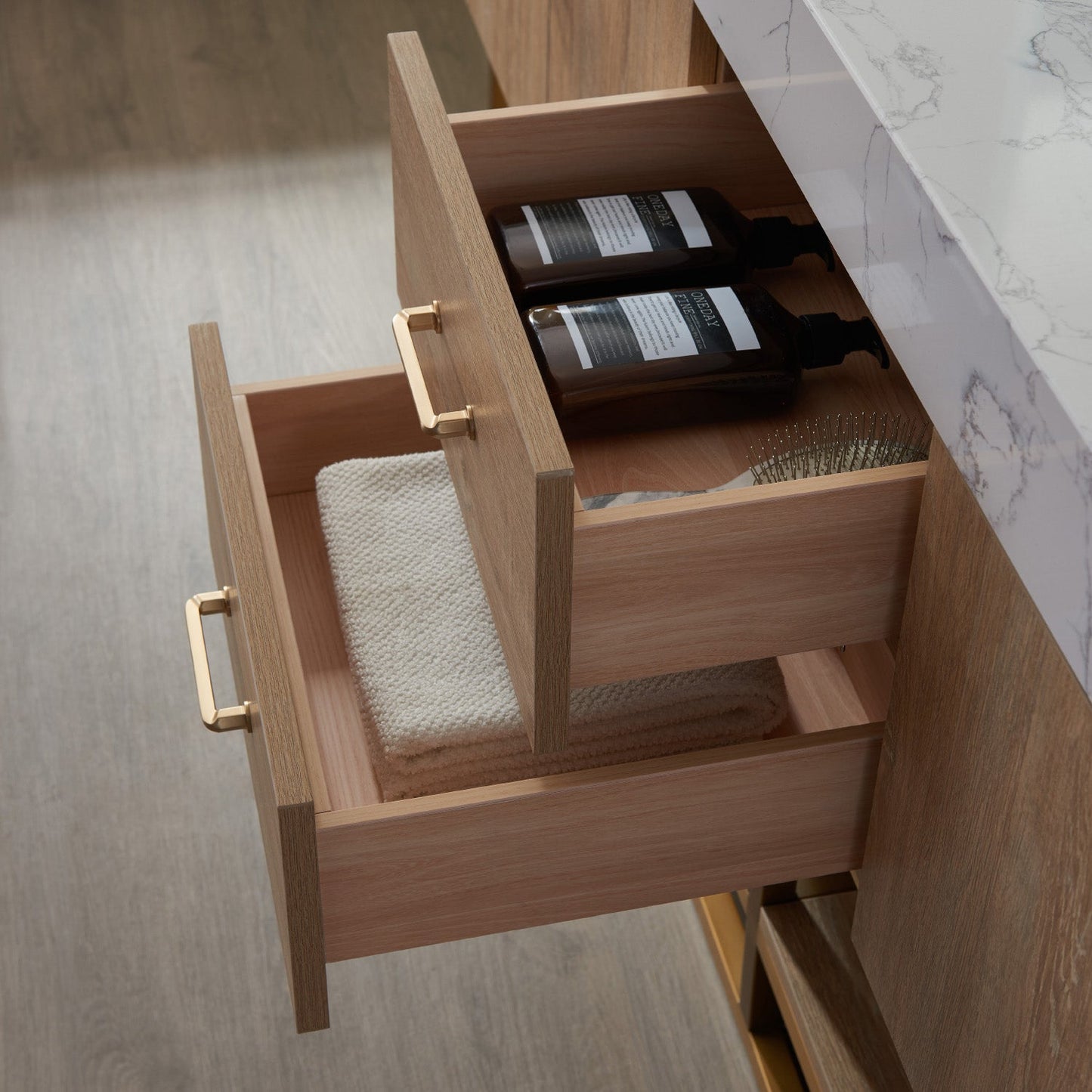 Alistair 72" Double Vanity in North American Oak with White Grain Stone Countertop