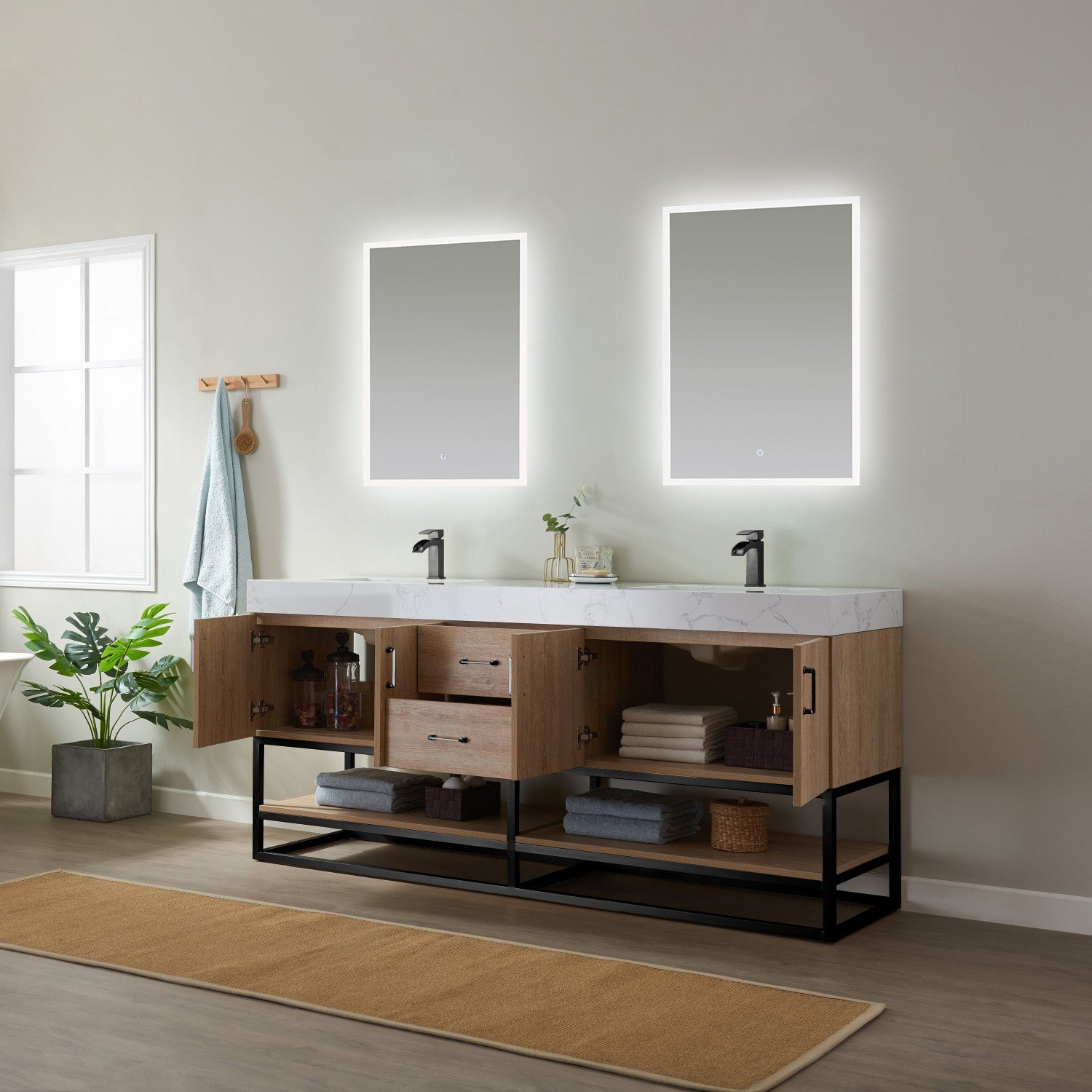 Alistair 72B" Double Vanity in North American Oak with White Grain Stone Countertop