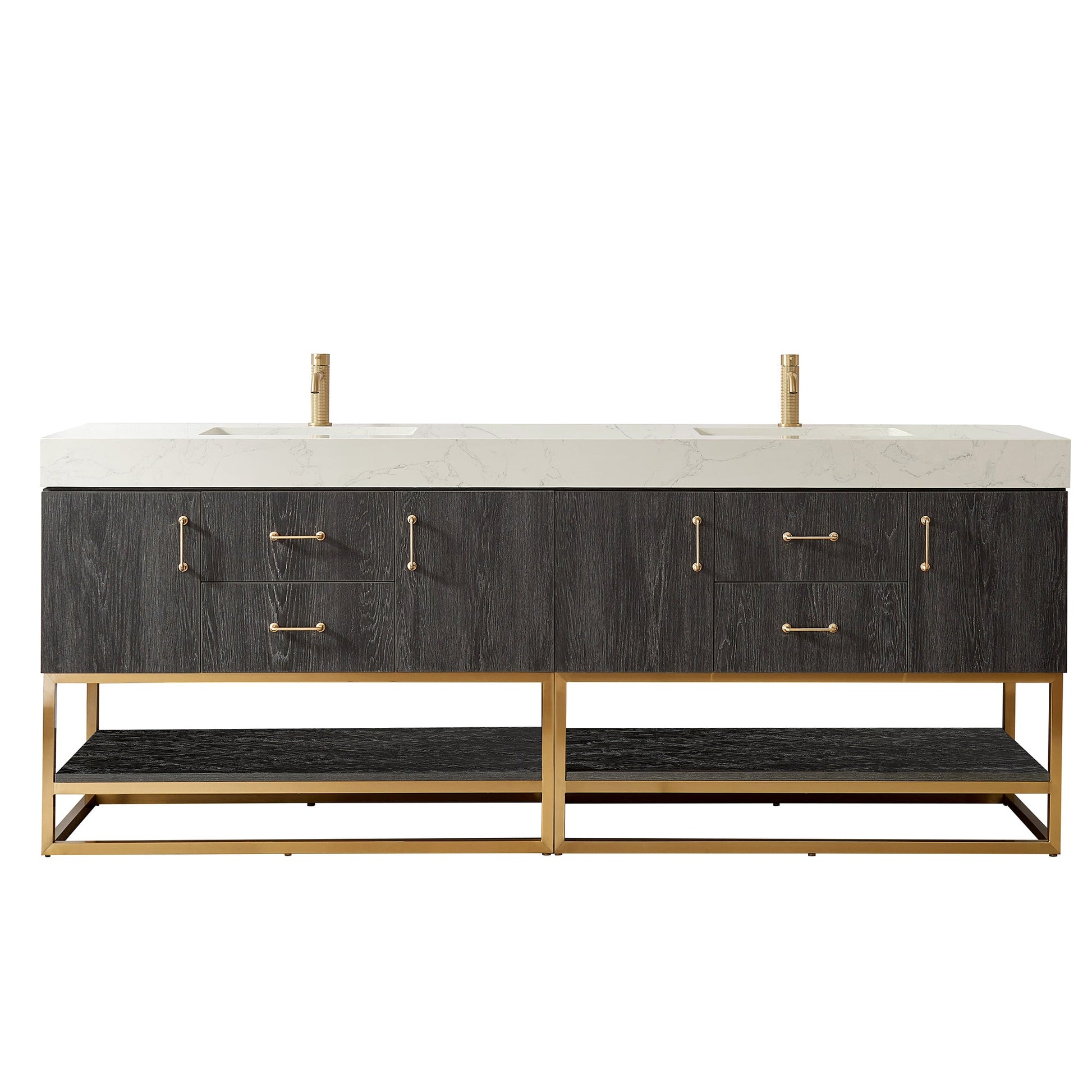 Alistair 84" Double Vanity in North American Black Oak with White Grain Stone Top