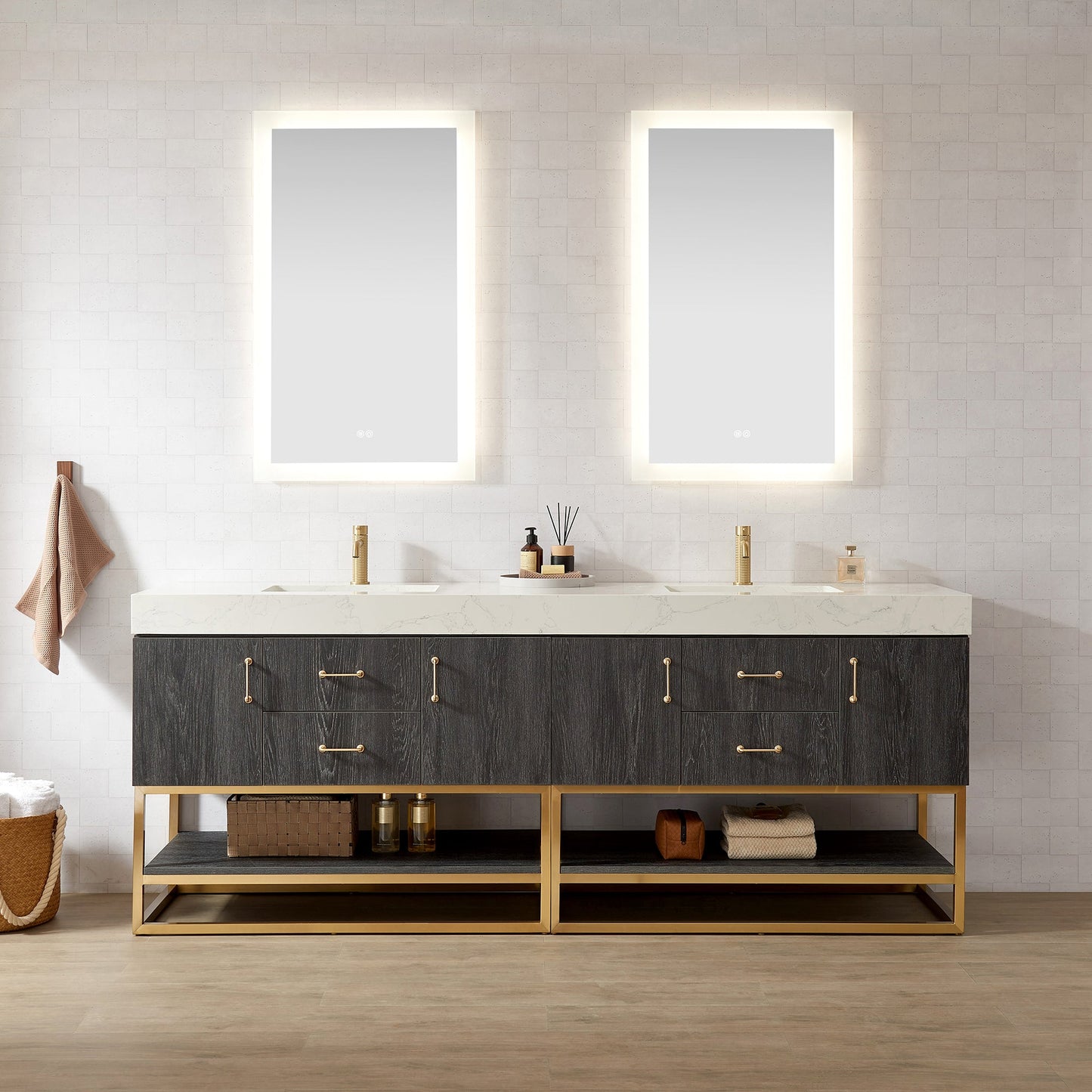 Alistair 84" Double Vanity in North American Black Oak with White Grain Stone Top